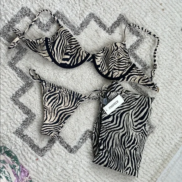 Montce Zebra Scrunch Print Bikini Set (worn once) with matching sarong (NWT) - Picture 3 of 5